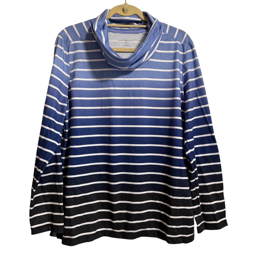 Karen Scott‎ Sport Womens Blue Ombre Striped Cowl Neck Long Sleeve Top Large